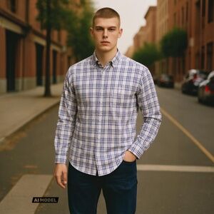 Bugatchi‎ Men's Purple White Plaid Shirt Long Sleeve Size Large